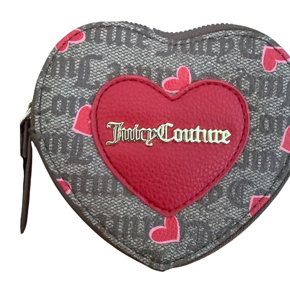 Juicy‎ Couture Heart-Shaped Wristlet Red Hearts & Brown Monogram Zip Around NWOT